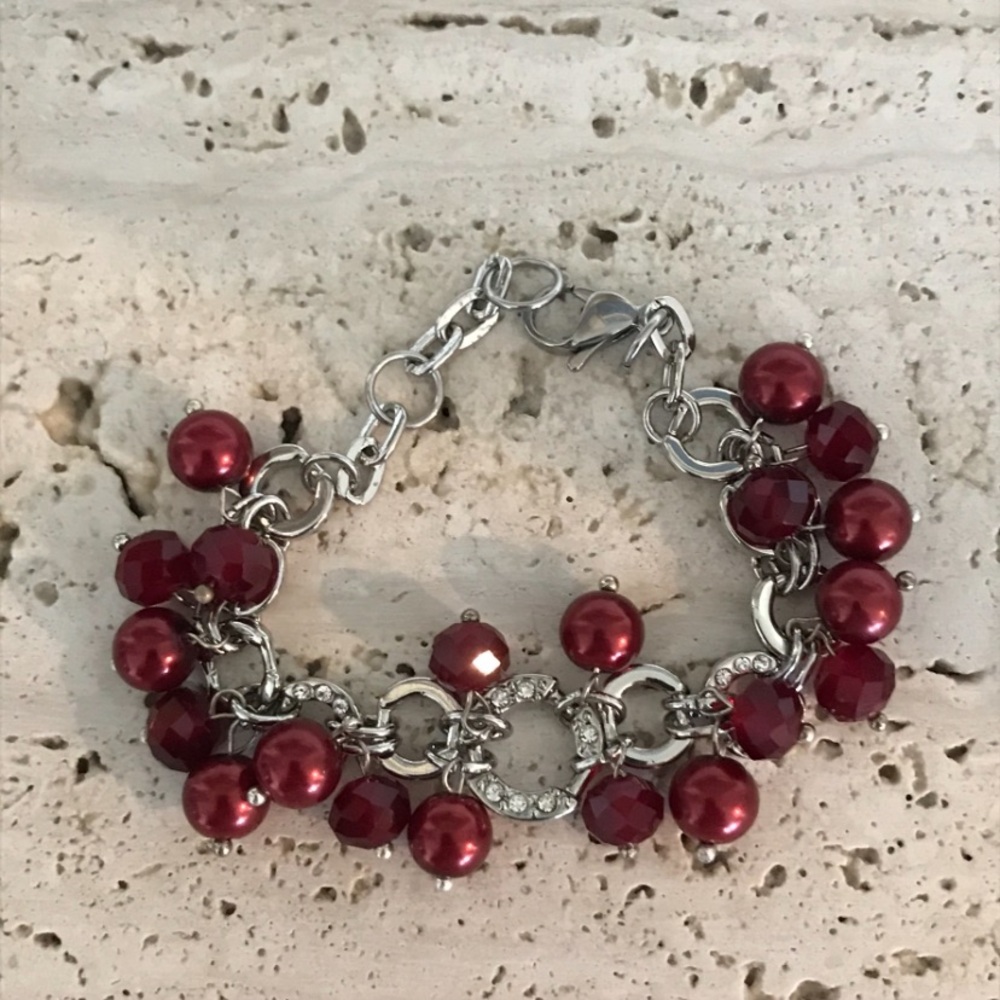 Red Pearl and crystal beaded handcrafted charm bracelet